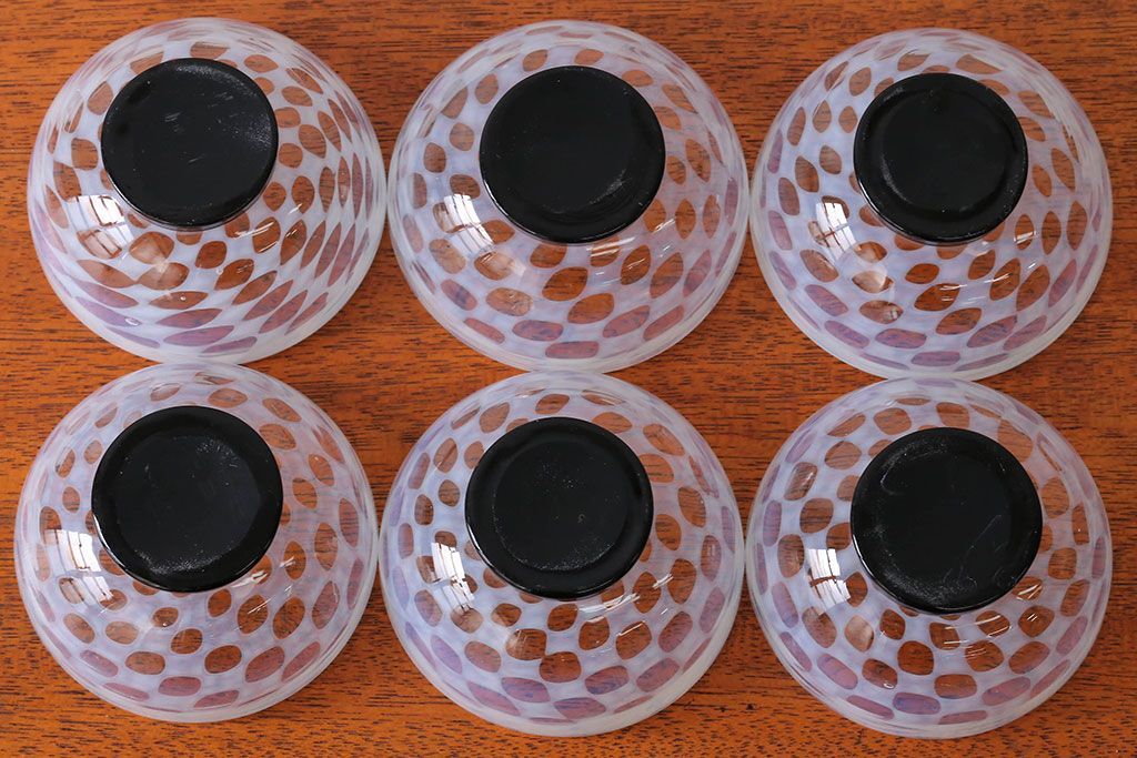 アンティーク雑貨　アンティーク　大正期・乳白市松文様エナメル高台小鉢6個セット(向付)