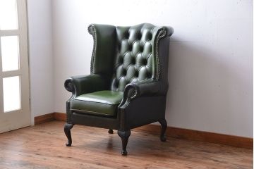 アンティーク家具　イギリスアンティーク　本革のチェスターフィールドウィングバックソファ(ウイングバックソファ)