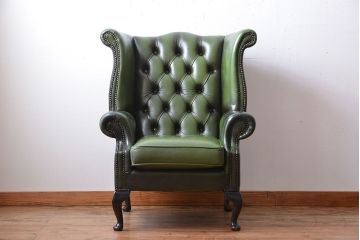 アンティーク家具　イギリスアンティーク　本革のチェスターフィールドウィングバックソファ(ウイングバックソファ)