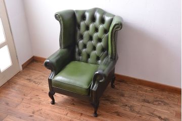 アンティーク家具　イギリスアンティーク　本革のチェスターフィールドウィングバックソファ(ウイングバックソファ)
