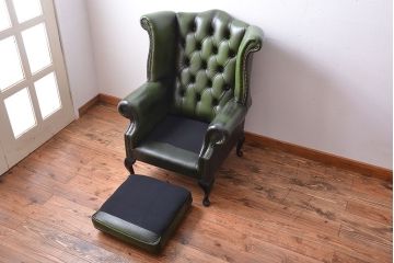アンティーク家具　イギリスアンティーク　本革のチェスターフィールドウィングバックソファ(ウイングバックソファ)