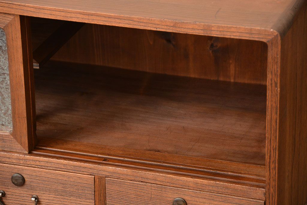 レトロ家具　昭和レトロ　鉄脚付き!結霜ガラス引き戸のアンティークローボード