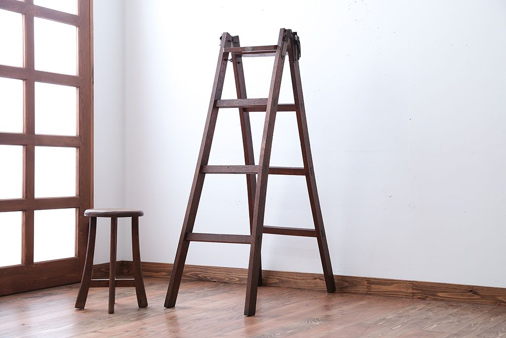 アンティーク雑貨　和製アンティーク　古いナラ材のステップラダー(梯子・脚立)