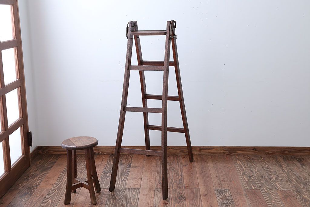 アンティーク雑貨　和製アンティーク　古いナラ材のステップラダー(梯子・脚立)