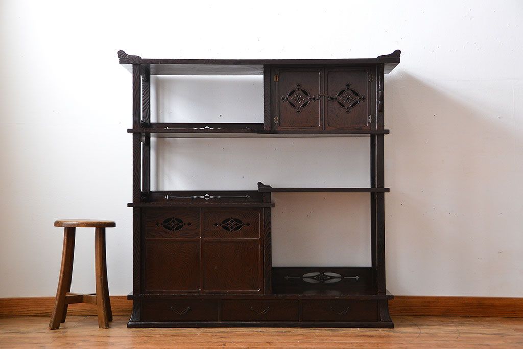 アンティーク家具　和製アンティーク　研ぎ出し木目が美しい高級飾り棚