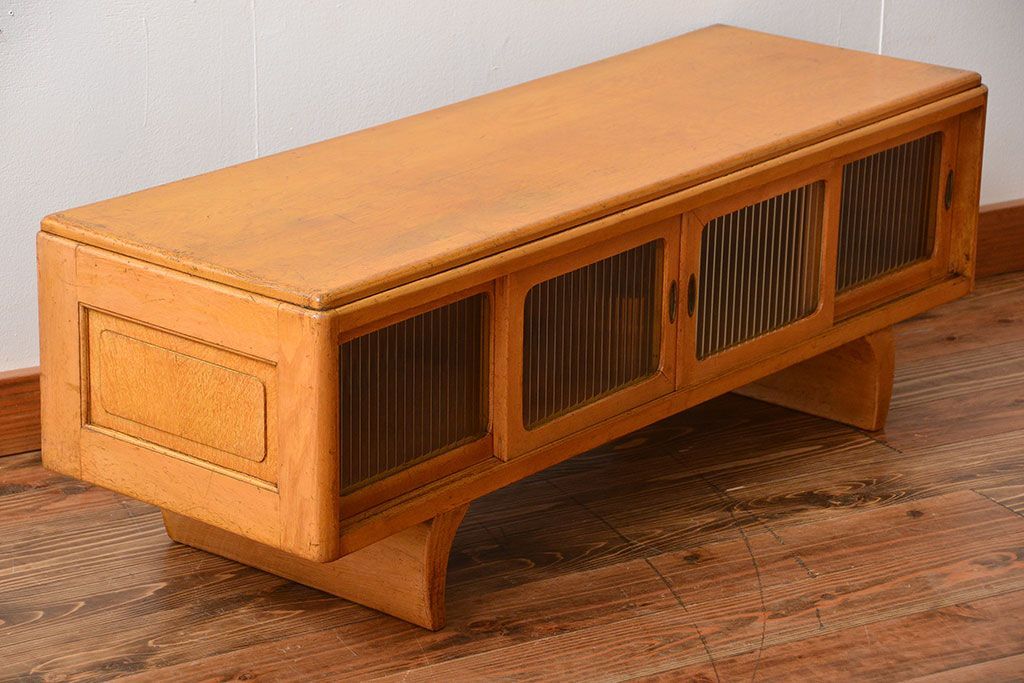 レトロ家具　昭和レトロ　モールガラス引き戸の小ぶりなローボード