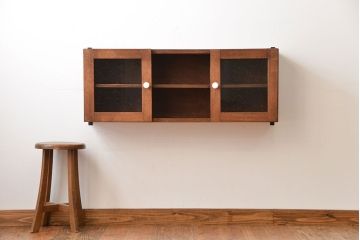 アンティーク家具　アンティーク　気泡ガラス入り!古い木製のお洒落な壁掛けキャビネット