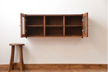 アンティーク家具　アンティーク　気泡ガラス入り!古い木製のお洒落な壁掛けキャビネット
