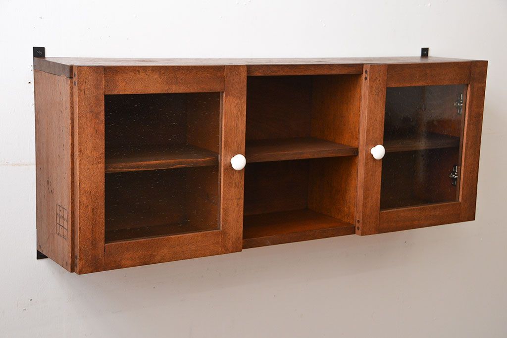 アンティーク家具　アンティーク　気泡ガラス入り!古い木製のお洒落な壁掛けキャビネット