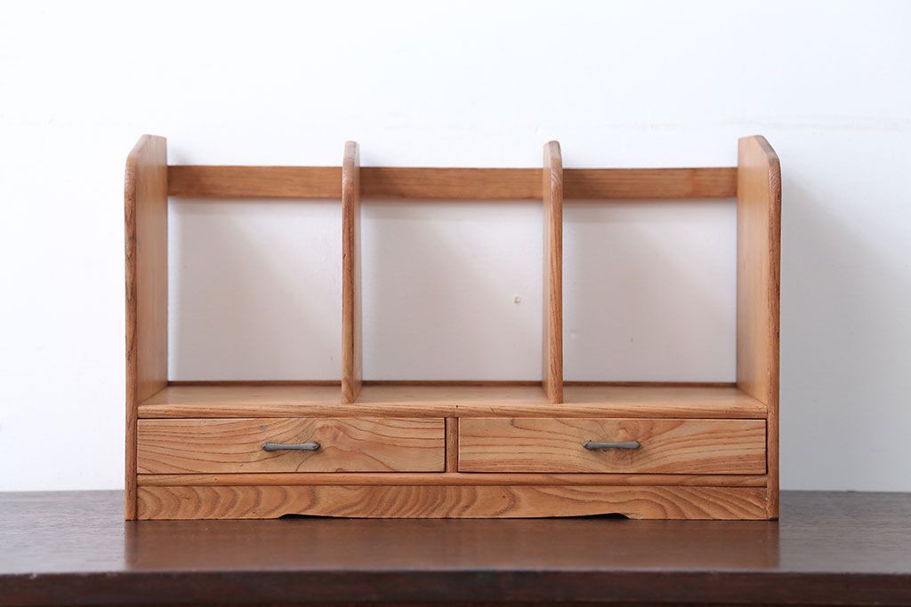 レトロ家具　昭和レトロ　古い木の小さな引き出し付き本立て