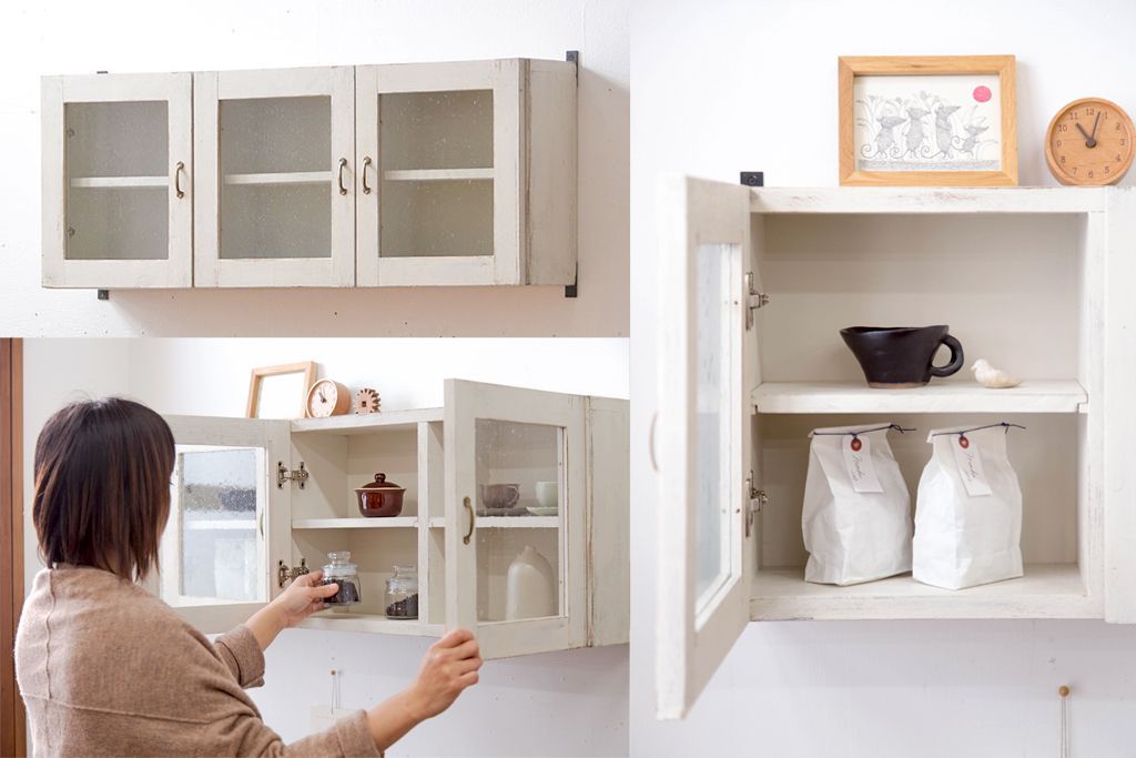 アンティーク家具　アンティークペイント　気泡ガラス入り!お洒落な壁掛け戸棚