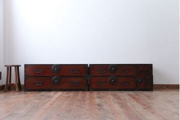 アンティーク家具　古民具・骨董　前面栗材!丸金具の重ね最上箪笥