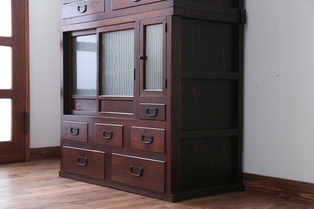 アンティーク家具　古民具・骨董　前面欅材のアンティーク重ね食器棚