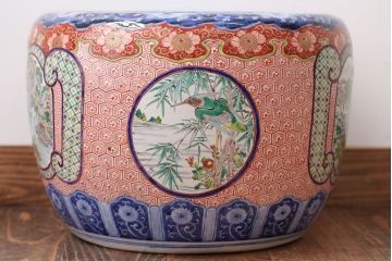 アンティーク雑貨　古民具・骨董　明治〜大正時代　古い色絵火鉢 (窓絵・十錦手)