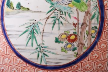 アンティーク雑貨　古民具・骨董　明治〜大正時代　古い色絵火鉢 (窓絵・十錦手)
