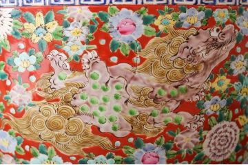 アンティーク雑貨　古民具・骨董　獅子の図　色絵火鉢 (十錦手)