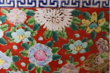 アンティーク雑貨　古民具・骨董　獅子の図　色絵火鉢 (十錦手)