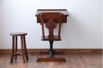 アンティーク家具　イギリスアンティーク　オーク材!チェア付き鉄脚スクールデスク