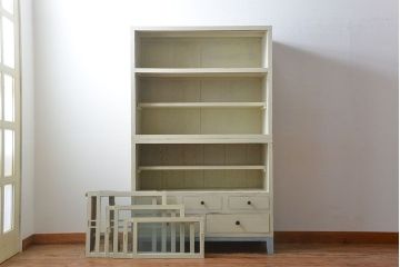 アンティーク家具　アンティークペイント　気泡ガラス入り重ね食器棚(カップボード)