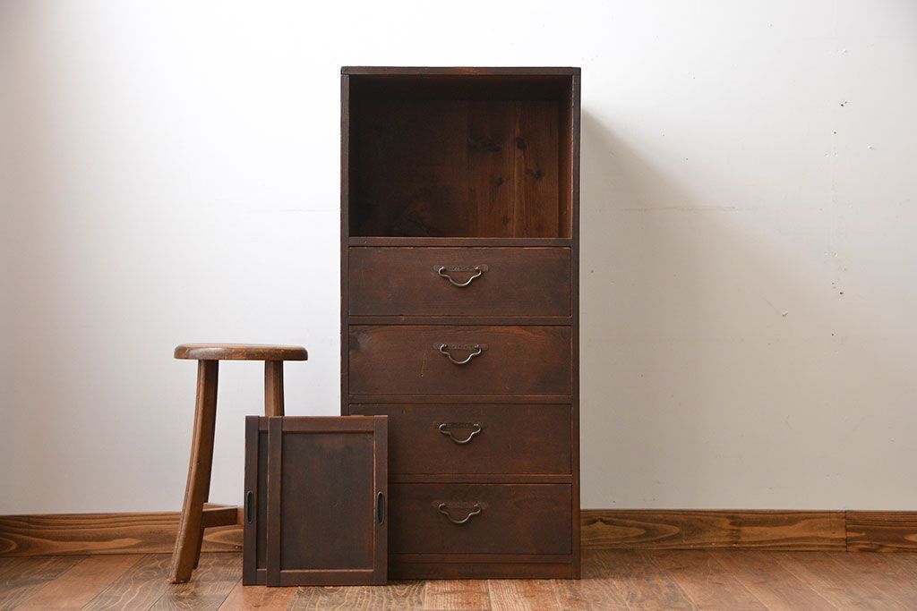 アンティーク家具　アンティーク　古い木製の引き出し付き縦型戸棚