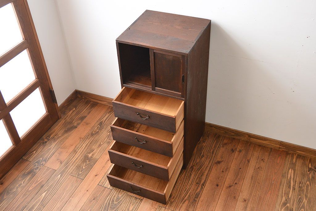 アンティーク家具　アンティーク　古い木製の引き出し付き縦型戸棚