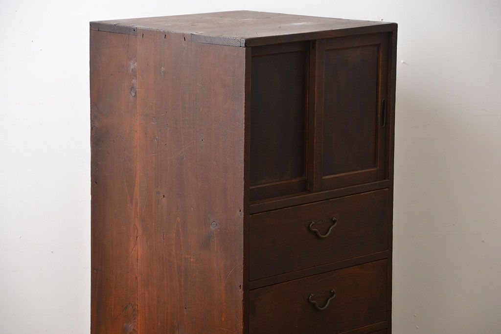 アンティーク家具　アンティーク　古い木製の引き出し付き縦型戸棚