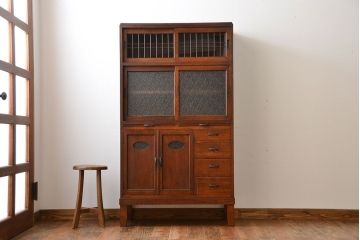 レトロ家具　昭和レトロ　古いナラ材の上質な脚付き食器棚