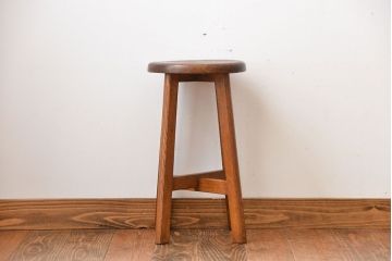 レトロ家具　昭和レトロ　シンプルでかわいい古いナラ材のアンティーク丸スツール(1)