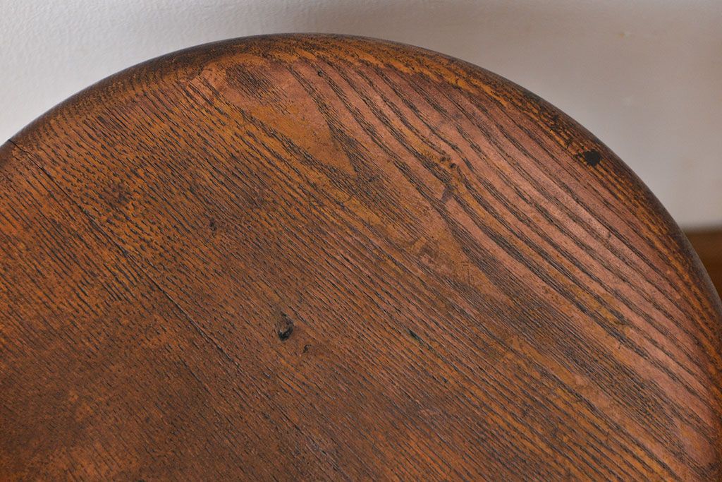 レトロ家具　昭和レトロ　シンプルでかわいい古いナラ材のアンティーク丸スツール(1)