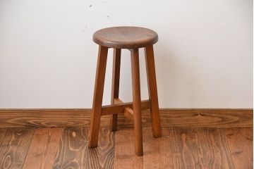 レトロ家具　昭和レトロ　シンプルでかわいい古いナラ材のアンティーク丸スツール(1)