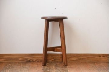 レトロ家具　昭和レトロ　シンプルでかわいい古いナラ材のアンティーク丸スツール(2)