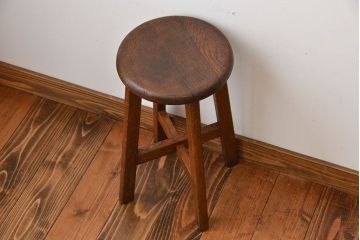 レトロ家具　昭和レトロ　シンプルでかわいい古いナラ材のアンティーク丸スツール(2)