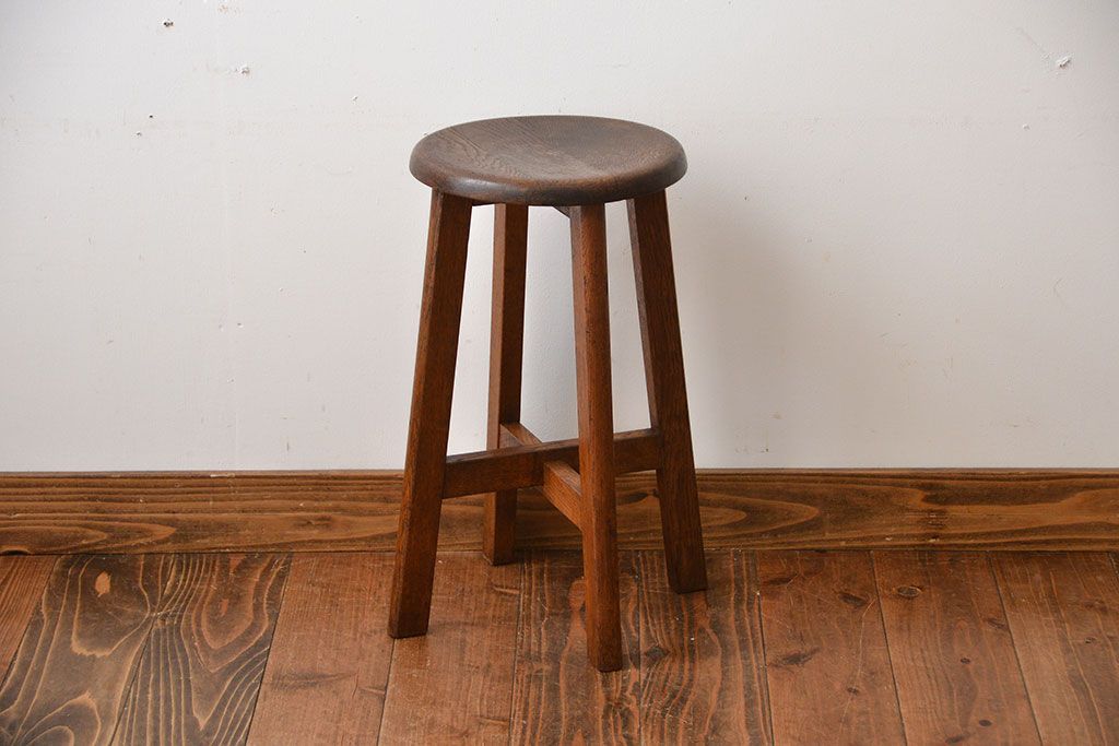 レトロ家具　昭和レトロ　シンプルでかわいい古いナラ材のアンティーク丸スツール(2)
