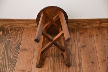 レトロ家具　昭和レトロ　シンプルでかわいい古いナラ材のアンティーク丸スツール(2)