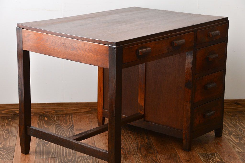 アンティーク家具　アンティーク　古いカバ材とナラ材の味わい深い片袖机