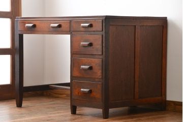 アンティーク家具　アンティーク　古いカバ材とナラ材の味わい深い片袖机