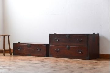 アンティーク家具　古民具・骨董　欅材!丸金具の時代箪笥テレビボード(ローボード)(2)