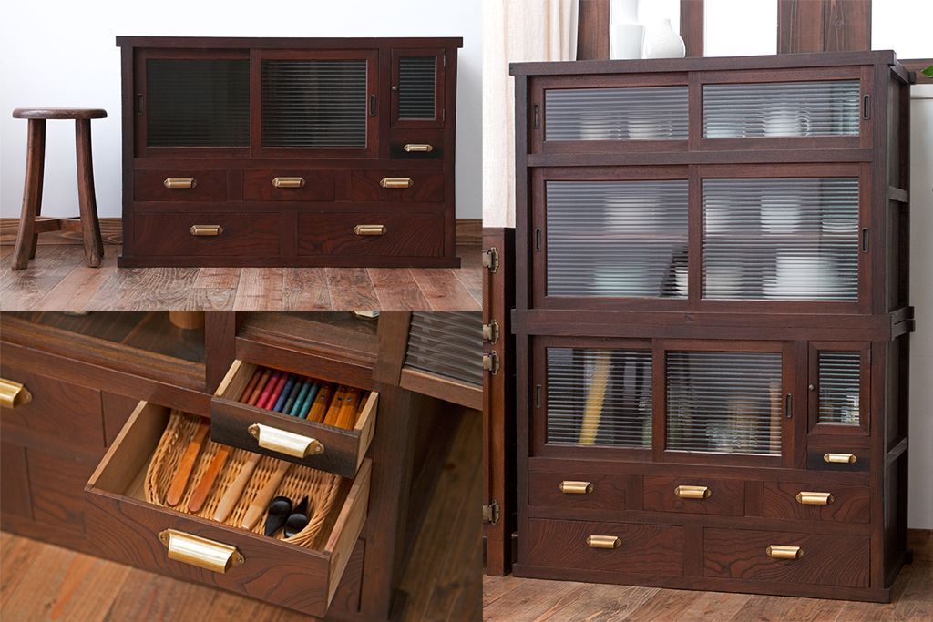 アンティーク家具　古民具・骨董　モールガラス入り!前面欅材の和製アンティーク収納棚