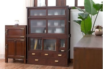 アンティーク家具　古民具・骨董　モールガラス入り!前面欅材の和製アンティーク収納棚