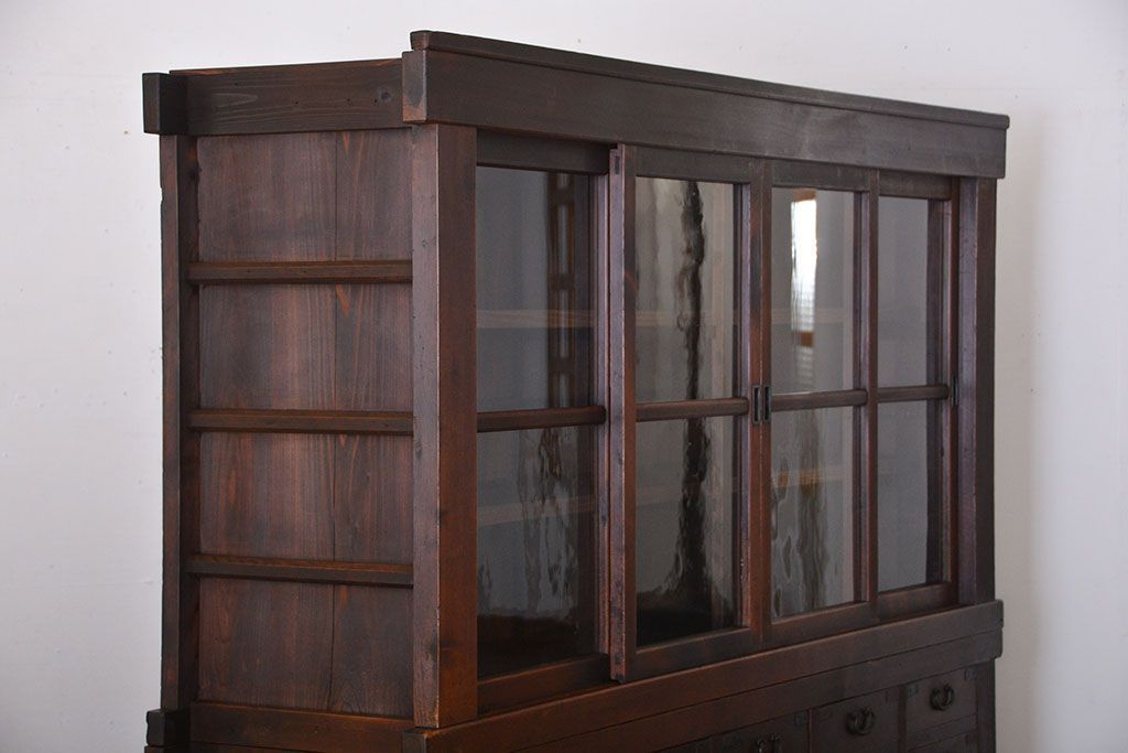 アンティーク家具　古民具・骨董　高級!4枚引き戸の重ね収納棚(水屋箪笥)