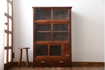 アンティーク家具　古民具・骨董　気泡ガラス入り!前面欅材のアンティーク水屋箪笥