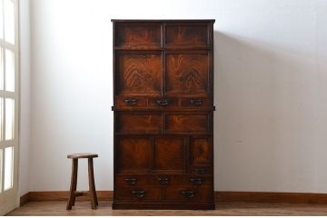 アンティーク家具　古民具・骨董　高級品!三方欅材の二段重ね三尺水屋箪笥