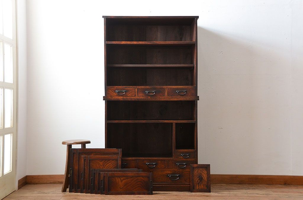 アンティーク家具　古民具・骨董　高級品!三方欅材の二段重ね三尺水屋箪笥