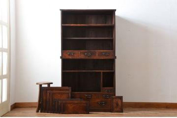 アンティーク家具　古民具・骨董　高級品!三方欅材の二段重ね三尺水屋箪笥