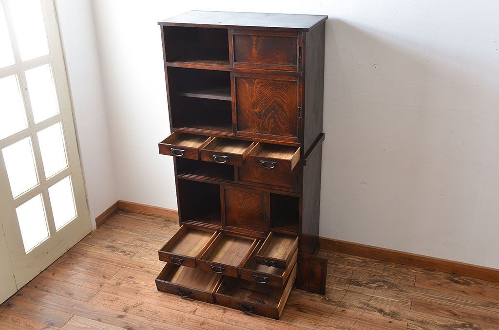 アンティーク家具　古民具・骨董　高級品!三方欅材の二段重ね三尺水屋箪笥