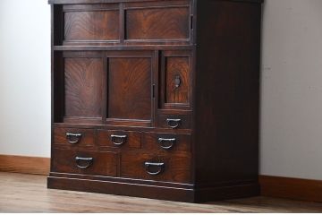 アンティーク家具　古民具・骨董　高級品!三方欅材の二段重ね三尺水屋箪笥