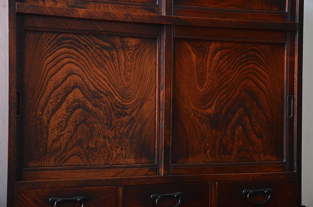 アンティーク家具　古民具・骨董　高級品!三方欅材の二段重ね三尺水屋箪笥