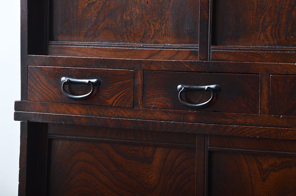 アンティーク家具　古民具・骨董　高級品!三方欅材の二段重ね三尺水屋箪笥