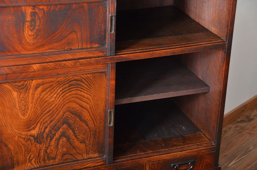 アンティーク家具　古民具・骨董　高級品!三方欅材の二段重ね三尺水屋箪笥