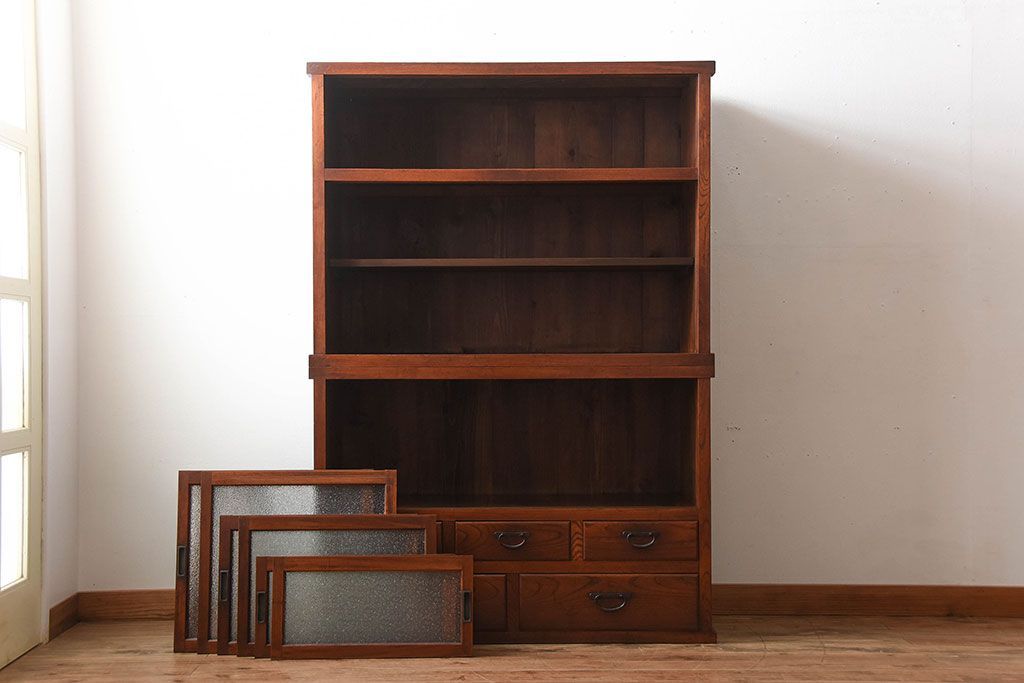 アンティーク家具　古民具・骨董　前面欅材のダイヤガラス入り重ね収納棚